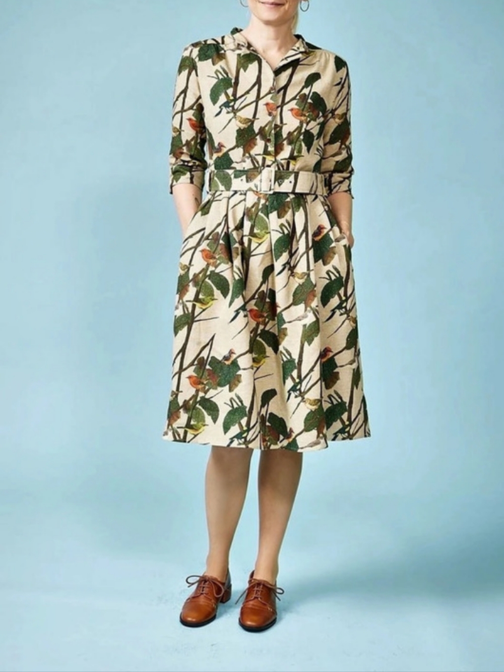 Palava Floral Print Belted Midi Dress in Beige & Green Like NWT Size 16UK